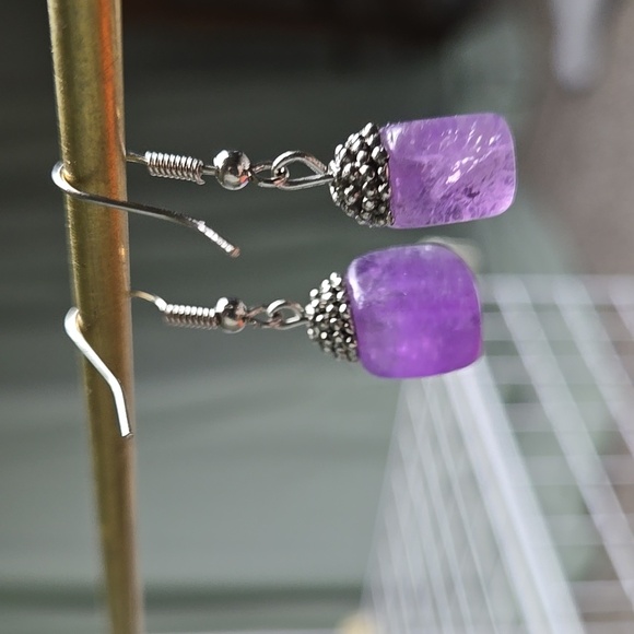 Vintange Handmade Silver Tone Purple Amethyst Dangle Earrings - Picture 7 of 16